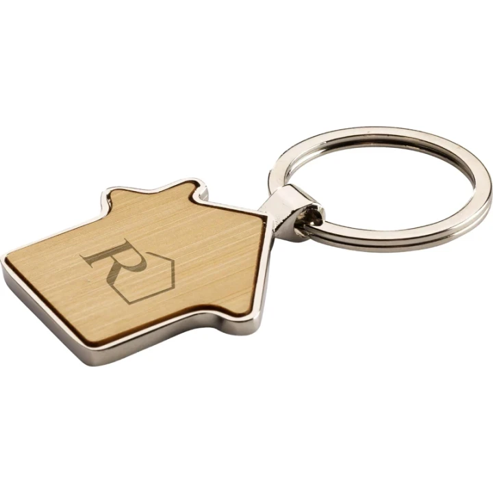 House shape bamboo and metal keyring
