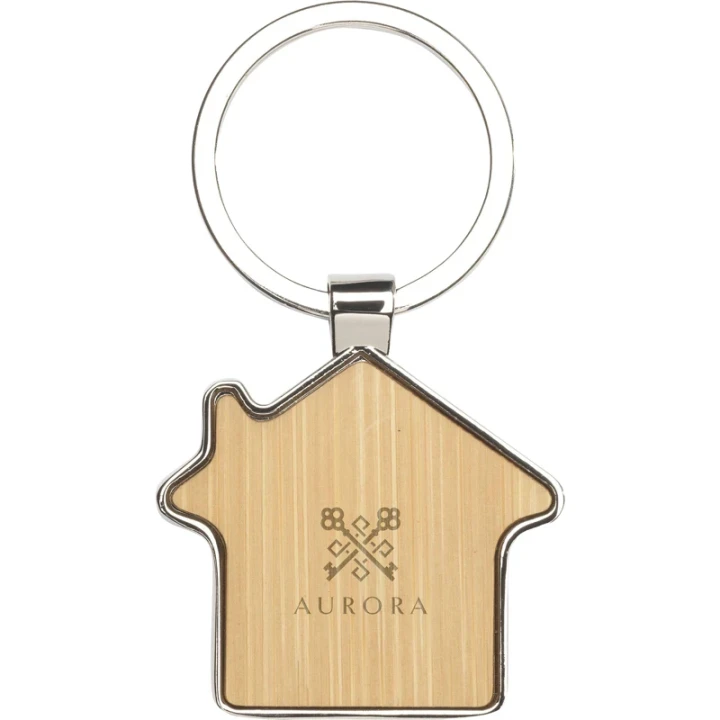 House shape bamboo and metal keyring