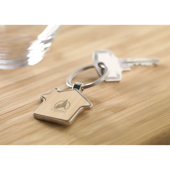 House shape bamboo and metal keyring