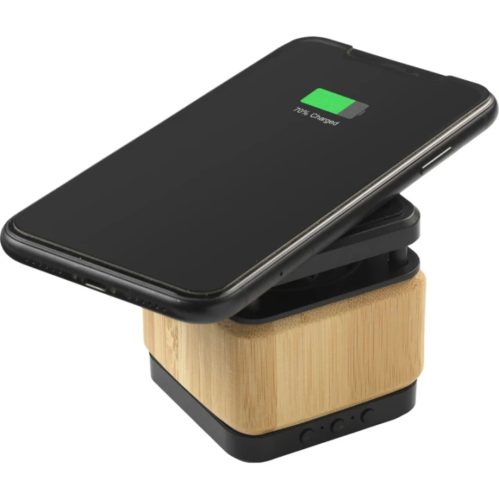 Bamboo block speaker with wireless charger
