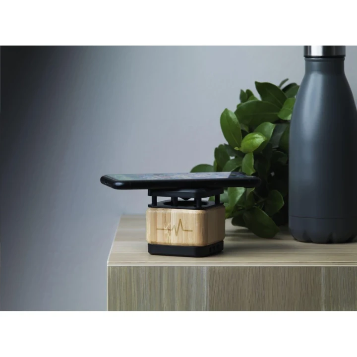 Bamboo block speaker with wireless charger