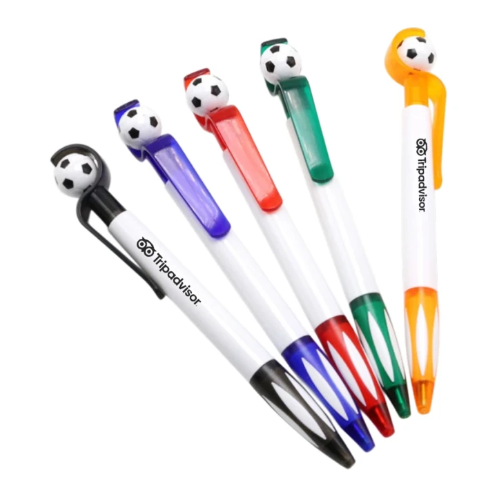 Branded fidget spinning football pens with multi-colour clip trims and custom printed logo.
