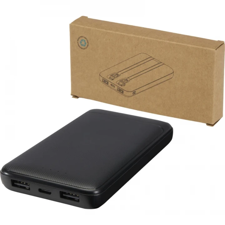 Adhil 10.000mAh 10W Recycled Plastic Power Bank With 2 Built-In Cables