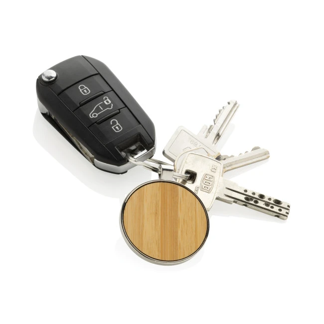 RCS Recycled Zinc Alloy Round Keychain With Bamboo