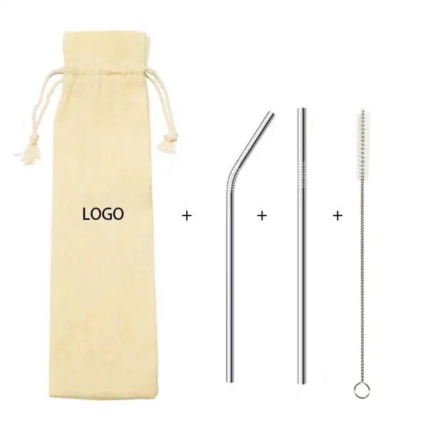 8.5" 2 Steel Straw+1Brush with Jute Bag Set