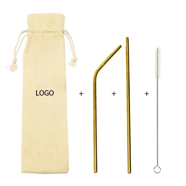 8.5" 2 Steel Straw+1Brush with Jute Bag Set