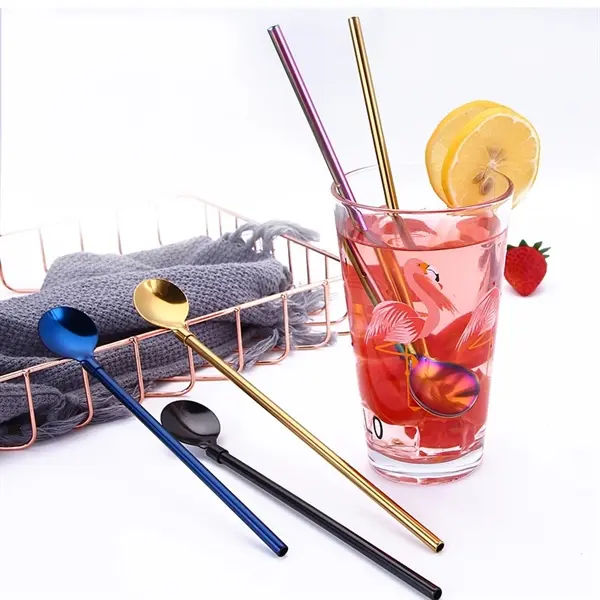 8 In Stainless Steel Straw Spoon Stirrers with Brush