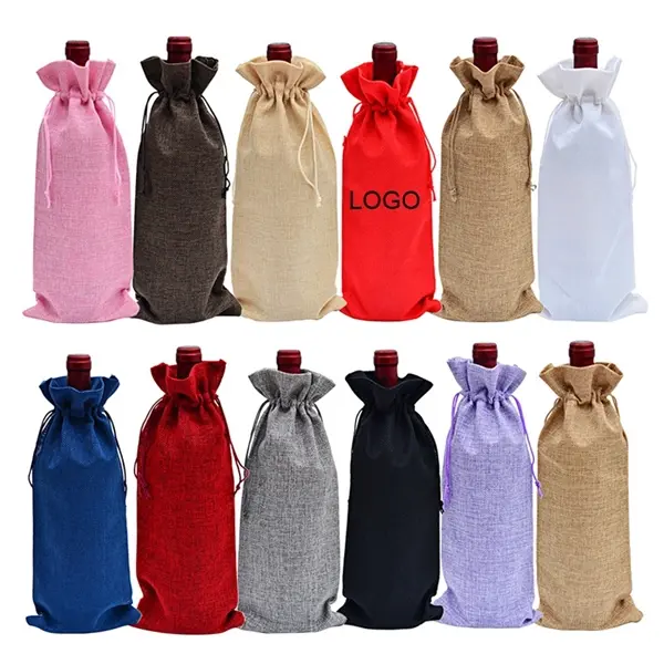 Jute Linen Burlap Wine Drawstring Bag