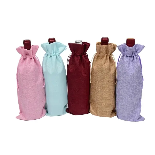 Jute Linen Burlap Wine Drawstring Bag