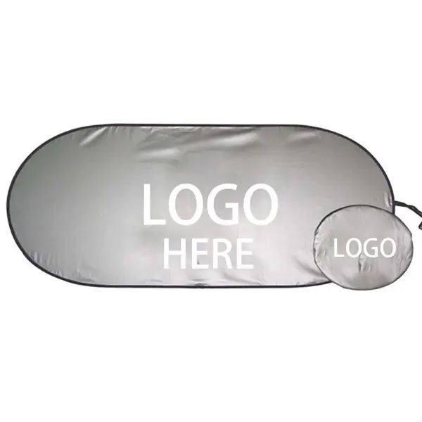 Custom foldable car sun shade with full-color logo printed across windshield