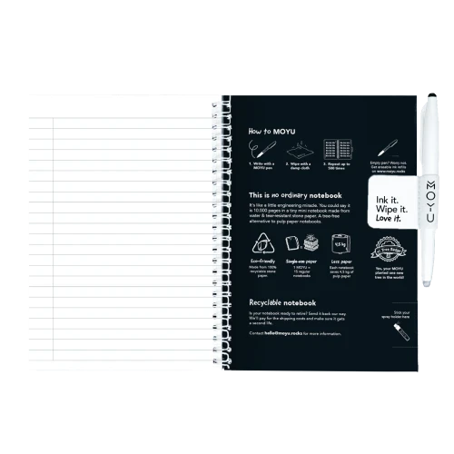 MOYU Erasable Stone Paper Notebook A5 Hardcover Pitch Black - 40 Pages