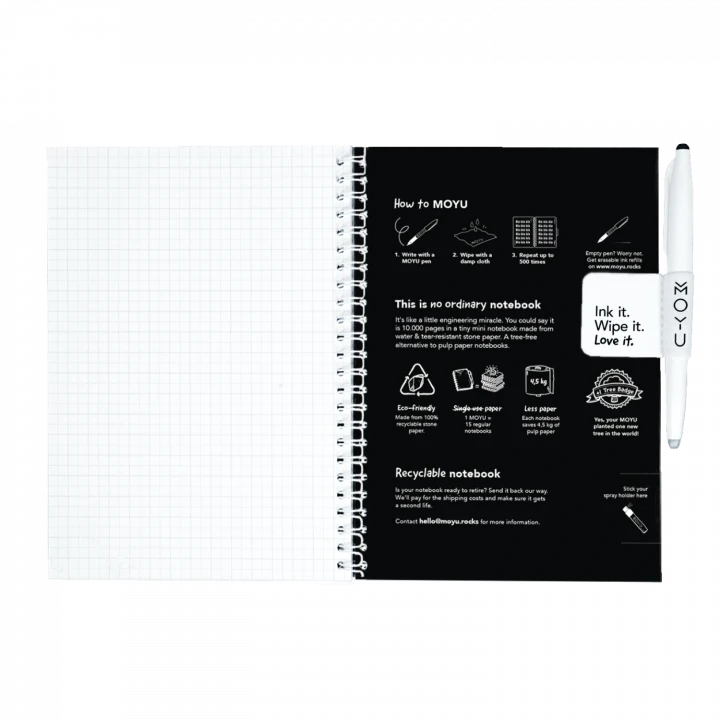 MOYU Erasable Stone Paper Notebook A5 Hardcover Pitch Black - 40 Pages