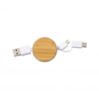Sustainable Living Bamboo Retractable Cable with 3 in 1 USB Connector Adapter