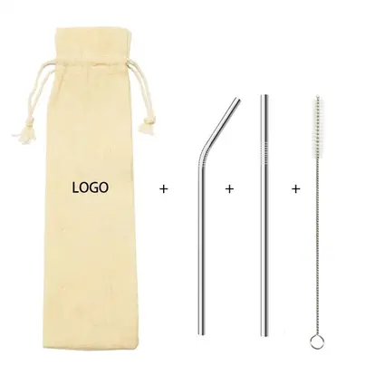 8.5" 2 Steel Straw+1Brush with Jute Bag Set