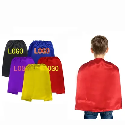 Youth satin superhero cape with custom logo, ideal for kids’ events, parties, and promotional giveaways.