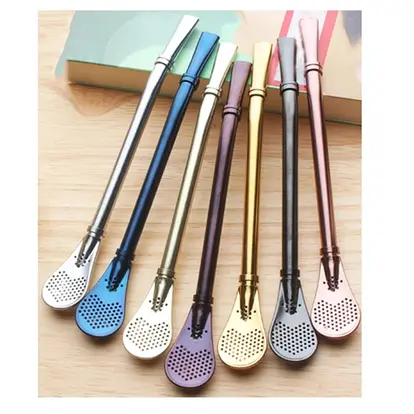 Stainless Steel Filter Mixing Spoon Straw With Brush