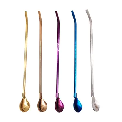 2 in 1 Metal Bent Straw Spoon Stirrers